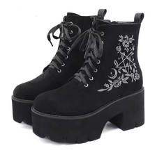 Womans Black Ankle Platform Punk Gothic Chunky Heel Combat Boots Shoes