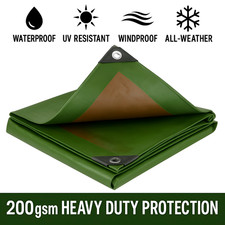 Green/Brown Tarpaulin Heavy Duty 200 GSM Waterproof Reinforced UV Resistant NEW