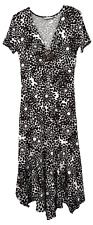 J TAYLOR.  BROWN PRINT MIDI DRESS V NECK/BUCKLE DETAIL/UNEVEN HEM. SIZE 12
