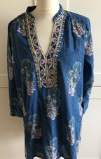 EAST Blue Floral Sequin Embroidered Tunic Kaftan Cover Up  Indian Cotton Ch 44”
