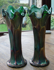 Pair Of Fenton Carnival Glass green swung vase, Diamond & Rib