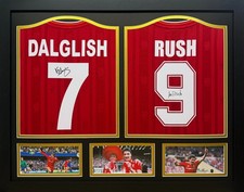KENNY DALGLISH & IAN RUSH 2 SIGNED LIVERPOOL SHIRTS in 1 FRAME SEE PROOF + COA
