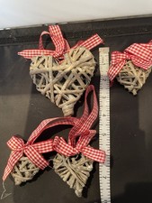 4 Hanging Grey Wicker Hearts With Gingham Ribbons