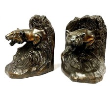 Tiger Growling Antique English Art Deco Bookends 1920-40 Cast Bronze