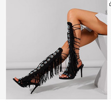 Women’s Knee High Gladiator Fringe Heels Sandals Black Lace Up Tassel Boots