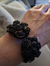 Miriam Haskell black beaded clamper bracelet bangle