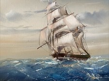 Vintage Oil Painting By Brian Pak Signed On Canvas Clipper Ship Rough Seas