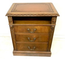 Antique Carved Mahogany Cabinet Chest of Drawer Lamp Stand Bedside Leather Top