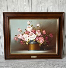 Vintage Floral Still Life Oil Painting By Toma Pink Rose Bouquet Signed Framed