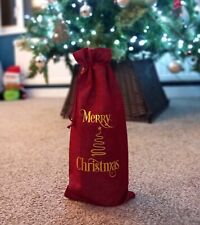 Merry Christmas Wine Bottle Christmas Gift Bag - Xmas, Reusable, Hessian