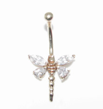 Ladies Womens 9 ct Gold & Clear Stone Dragon Fly Navel Bar