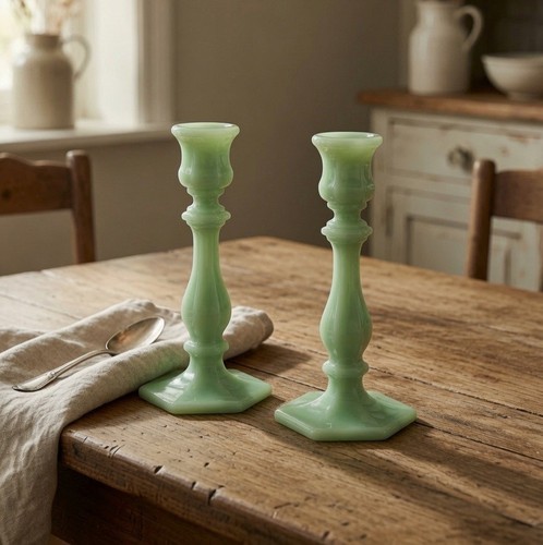 Pair jadeite candlesticks - jadeite,