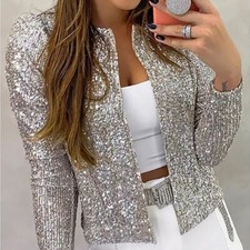 UK Women Sequin Coat Short Glitter Jacket Ladies Blazer Fashion Party Outwear