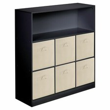 Wooden Black Wide 7 Cubed Cupboard Storage Unit Shelves 6 Beige Drawers Baskets
