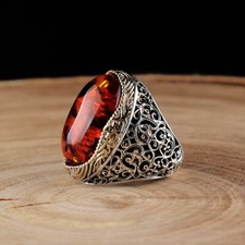 Handmade 925 SILVER Men Ring Orange To Red Amber Stone RRP £50