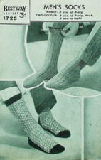 Bestway 1725 Men`s socks: Ribbed and 2 colour styles.   1940`s pattern.