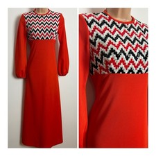 Vintage 70s Orangey Red White & Black Sequin Xmas Party Evening Maxi Dress 8