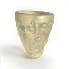 Vintage Art Glass Vase with Cherry Relief, Signed “R. Lalique,” 1950s Style