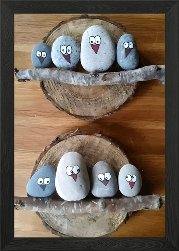 Painted stone bird family - painted, on
