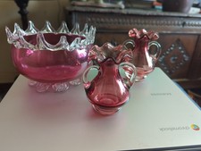 2 Small Cranberry Glass Vases With A Cranberry Glass Bowl