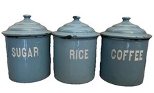 3 X Vintage Pale Blue Enamel Kitchen Storage Jars -Coffee,Rice,Sugar-Kitchenalia