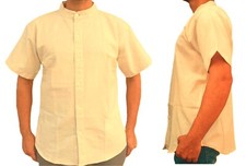 Linen Cotton Collarless Grandad Shirt Half Sleeve Yoga Wear