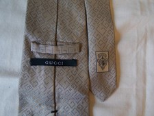 GUCCI TIE Beige with pale blue 'G' logo 100% Silk Genuine