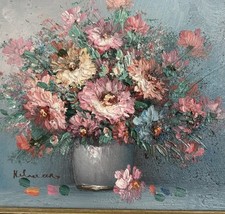 Original Signed Painting Vintage Oil Palette Knife Flowers Vase Pink Picture