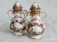 ANTIQUE PAIR OF TWIN HANDLED ELEGANT MINIATURE PORCELAIN  BOHEMIAN  VASES