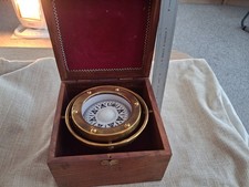 OLD BRASS  SHIPS  COMPASS IN BRASS BOUND MAHOGANY BOX , nice Cond. 15cm x 15cm