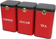 Hylruu Tea Coffee Sugar Canisters, 800ML 3 Piece of Red Metal Canister Storage J