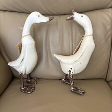 PAIR WHITE DISTRESSED PAINTED 13” DUCK DUCKS X 2 CALL GEORGE & MARGARET ARGUING