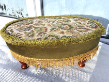 VINTAGE OVAL FOOTSTOOL FLORAL TAPESTRY TOP with FRINGE & TURNED WOODEN LEGS