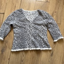 Kaliko White Leopard Print Angora White Pearl Buttons Cardigan Size 14 VGC