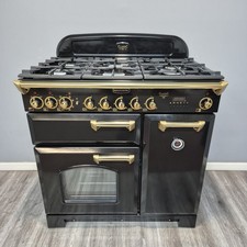 RANGEMASTER CLASSIC DELUXE 90CM DUAL FUEL RANGE COOKER IN BLACK AND GOLD....