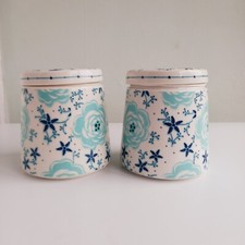 2 X Denby Monsoon Home Antalya Teal Blue  White Floral Caddy Jars Lids Rare 13cm