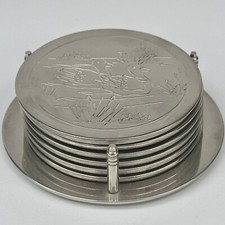 Vintage French Set 6 Silver Coloured Metal Duck Design Drinks Coasters on Stand