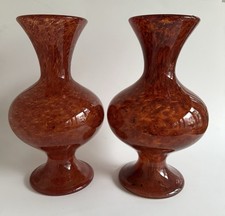 Rare Pair of Vintage Signed Numbered Verlys Amber Art Glass Flared Vases ~Mint