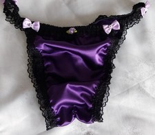 SEXY PURPLE SATIN Black Lace Sissy Panties cd tv  Ladies knickers Frilly Tanga