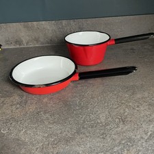 VTG Enamel Poland Huta Silesia red milk pan & small 7” shallow pan 