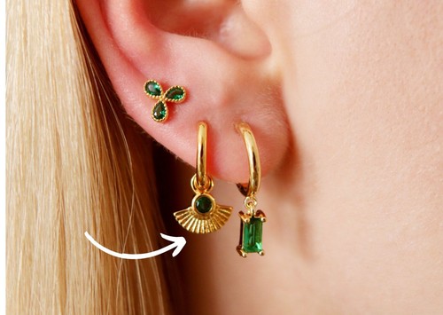 Gold emerald dangle hoop - emerald,
