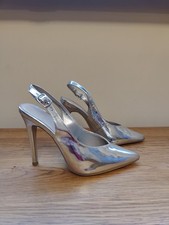 Womens silver metallic new look size 5 slingback heels shoes pointy courts