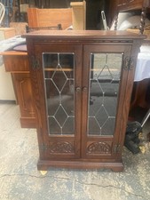 Vintage Old Charm Brown Wood Hifi Drinks Cabinet Lift Up Top Leaded Glass Doors