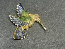 Exquisite Vintage Blue Green Enamel Hummingbird Gold Tone Brooch. D18