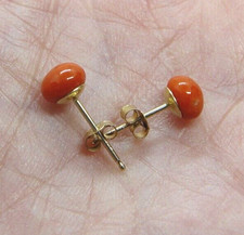 Red Orange Mediterranean Coral button stud Earrings 9ct Solid Yellow Gold 375