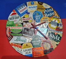Beer Label Clock. 12 inch Analogue . Decorated With 1960s Beer Labels. Unique.