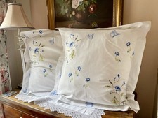 Pair Vintage French Pillowcases White /blue Flowers Shabby Chic Chateau Style