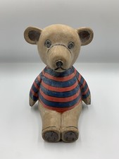WOODEN HAND CARVED TEDDY BEAR FIGURINE / DECORATIVE ORNAMENT RED BLUE STRIPE TOP