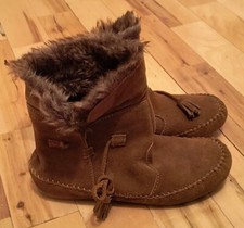 Minnetonka brown tan kids suede leather boots size 4 37 fur trim booties shoes 