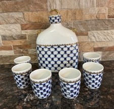 Lomonosov Porcelain Whiskey Vodka Decanter Flask Set 6 Shot Glasses Cobalt Net